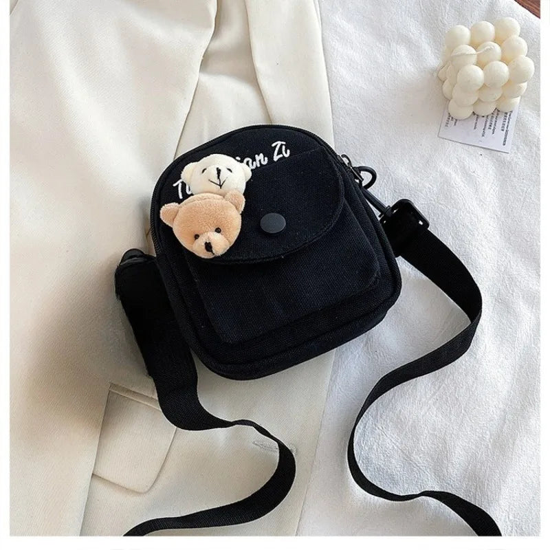 Solid Color Canvas Bag, Girls' Cartoon Teddy Bear Shoulder Bag, Students' Daily Crossbody Bag