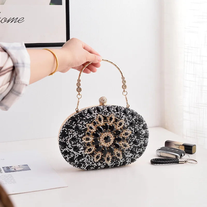 Alirattan 2026 New Flower Rhinestones Evening Bags Metal Prom Clutch Diamonds Clutch Chain Shoulder Handbags