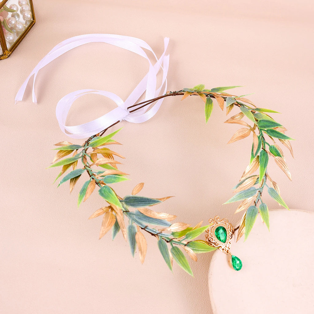 Retro Fairy Leaf Rhinestone Headband Elf Ears Woven Forest Garland Tiara Girl Elven Headpiece for Role-playing Party Costume