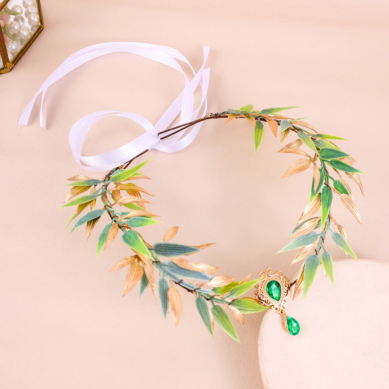 Retro Fairy Leaf Rhinestone Headband Elf Ears Woven Forest Garland Tiara Girl Elven Headpiece for Role-playing Party Costume