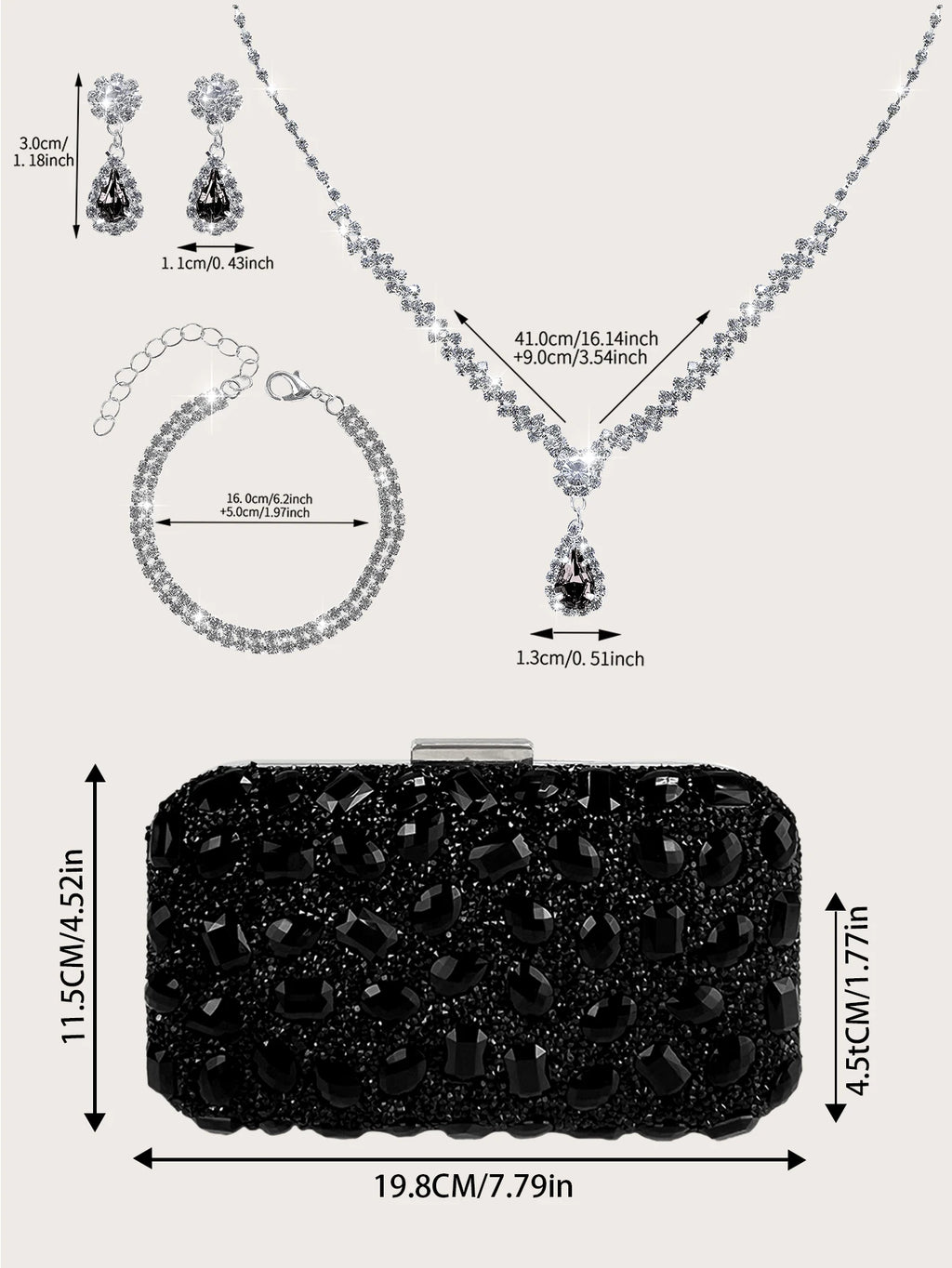 Fashionable and Luxurious, Simple Rhinestone Party Clutch and Box Bag, Exquisite and Elegant Women's Evening Bag, Paired with a Gorgeous Rhinestone Pendant Necklace, Bracelet, and Earrings Four-Piece Set, Perfect Wallet for P