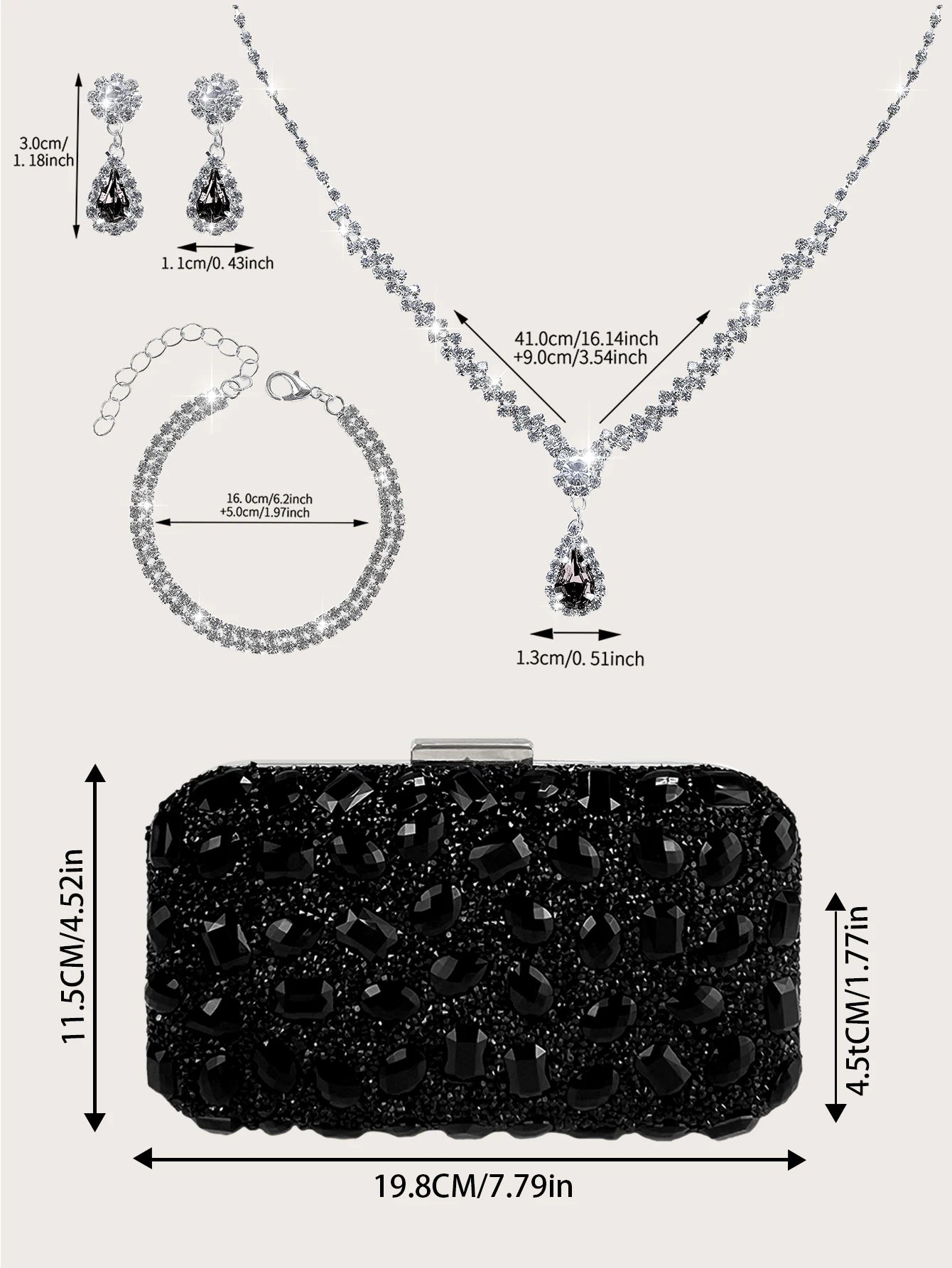 Fashionable and Luxurious, Simple Rhinestone Party Clutch and Box Bag, Exquisite and Elegant Women's Evening Bag, Paired with a Gorgeous Rhinestone Pendant Necklace, Bracelet, and Earrings Four-Piece Set, Perfect Wallet for P