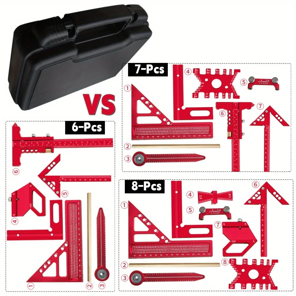 Aluminum Precision Woodworking Square Kit 6-10Pcs with Box,  Scribing Layout Ruler Quick Splicing DIY Woodworking Measuring Tool