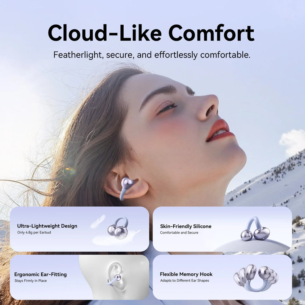 Vention ClipBuds Open-Ear Wireless Headphones Bluetooth 6.0 with 4 Mic Clear Call, Earbuds Clip on Earphones 25H Playtime