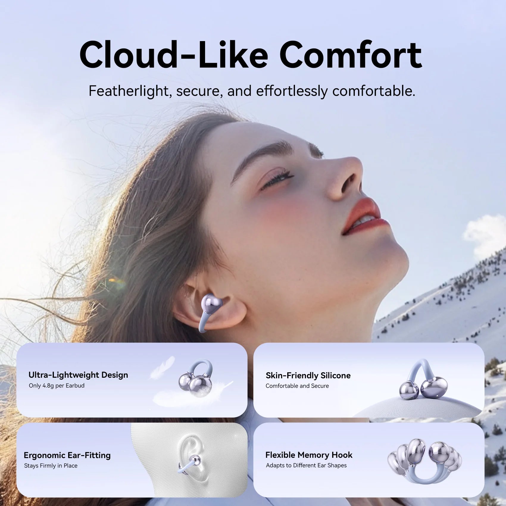 Vention ClipBuds Open-Ear Wireless Headphones Bluetooth 6.0 with 4 Mic Clear Call, Earbuds Clip on Earphones 25H Playtime