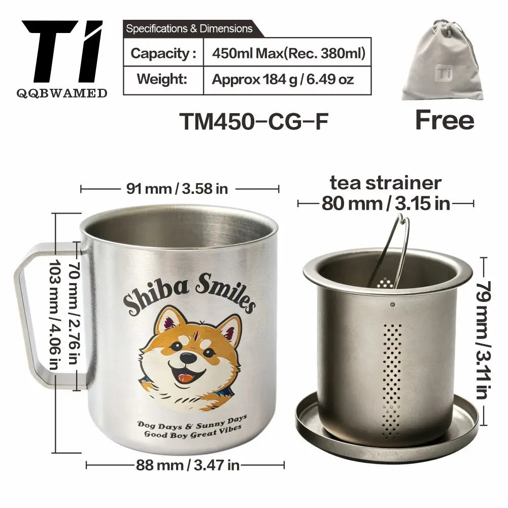 Titanium Mug Double-Layer Anti-Scald Titanium Cup Camping Coffee Cup 450ml Cat and Dog Themed Couple's Cup