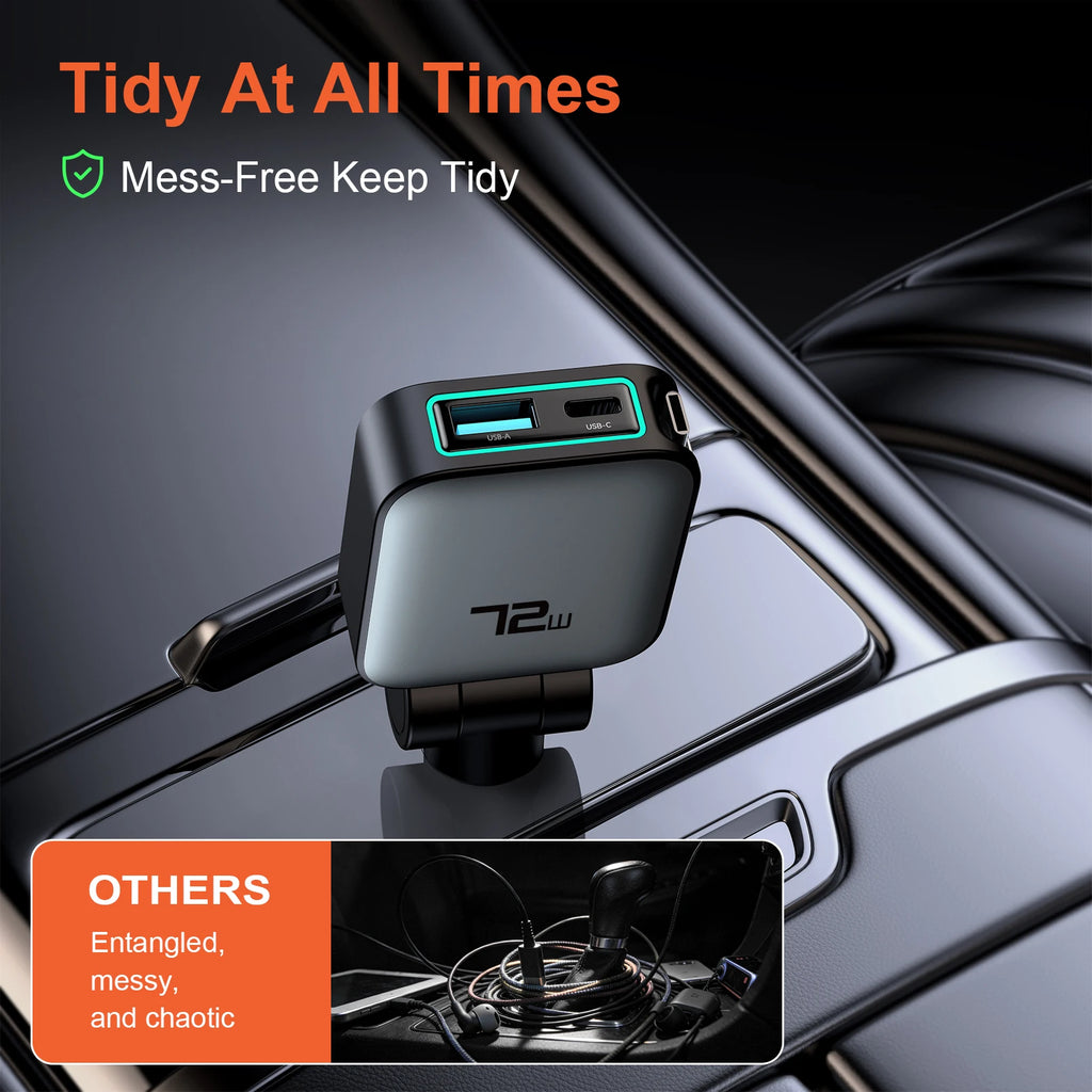 Car Charger Super Fast Charging One-to-Two Retractable Cable Car Cigarette Lighter Converter Compatible with Apple 17 and Huawei