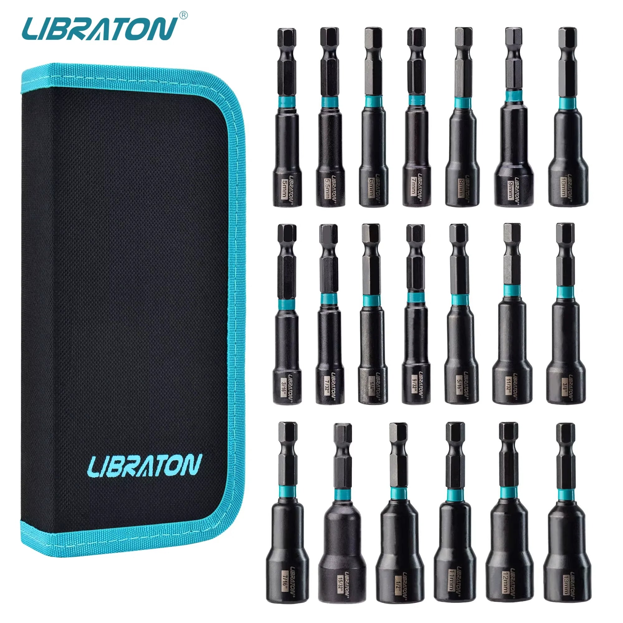 LIBRATON Magnetic Nut Driver, 20PCS Impact Drill Driver Bit Set 1/4" Metric 5-13mm & SAE Nut Driver 3/16''-1/2'' For Repair