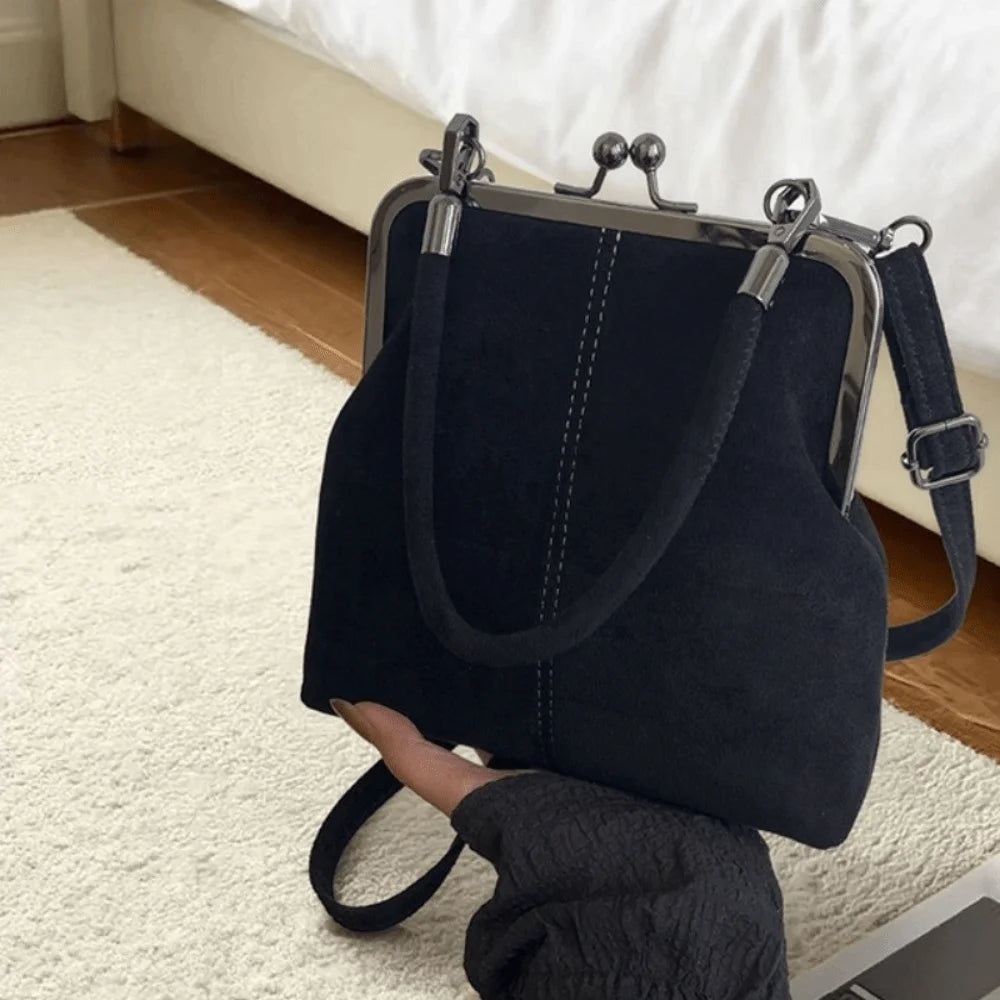 Large Capacity Retro Frosted Handbag Kiss Lock PU Leather Crossbody Bag Clip Closure Short Handle Clutch Shoulder Bag Shopping