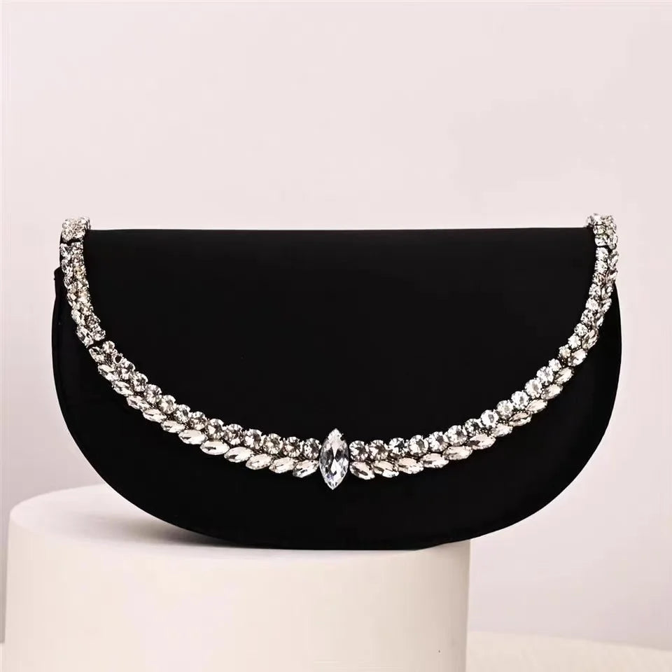 Luxury Satin Moon Bag Glitter Rhinestones Diamond Evening Bag Fashion Women Handbag Wedding Party Clutch Purse Shoulder Bag