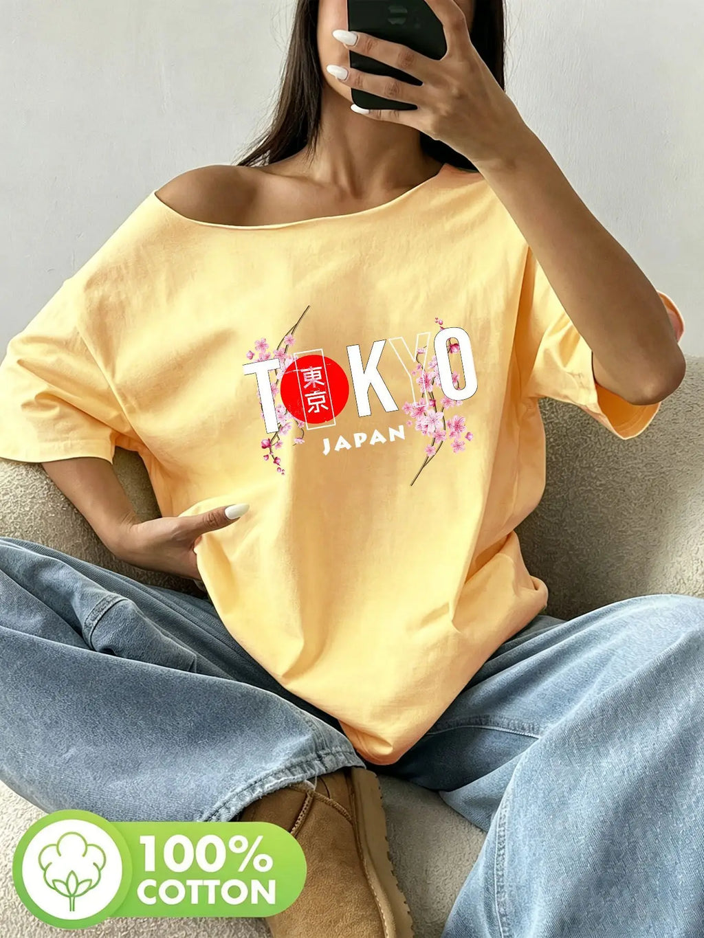 Plus Size Tokyo Japan Cherry Blossom Kanji Red Sun Graphic Print T-Shirt Loose Fit Oversized Y2K Style Women Tops Summer Off