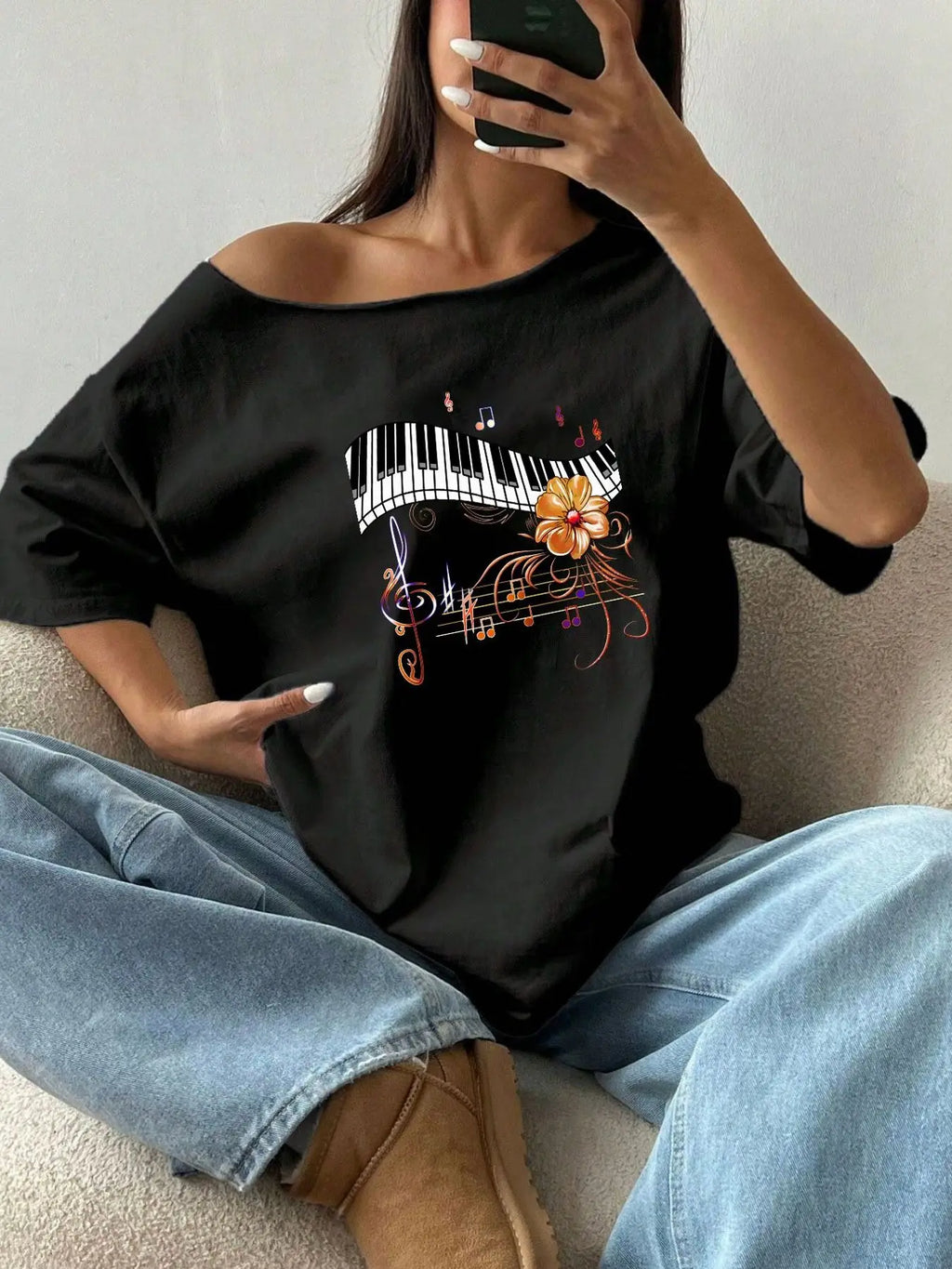 100% Cotton Plus Size Musical Piano Keys Flower Pattern Shoulder Loose Print T-Shirt Oversized Y2K Style Graphic Tees Women T