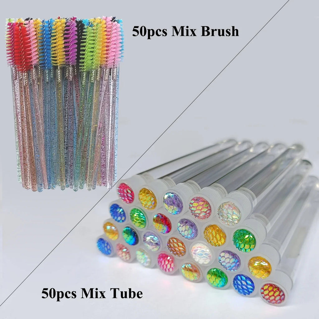 50pcs Reusable Mascara Wand Tube for Eyelash Extension Spoolies Cleaning Eyebrow Brush Shiny Resin Drill Replaceable Dust-proof