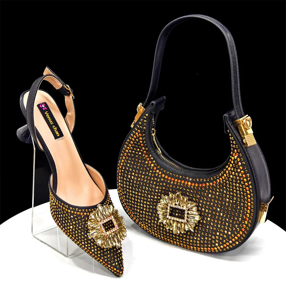 Ladies pointed shoe bag set, diamond buckle flower decoration, wine glass heel, with clutch bag (soft)
