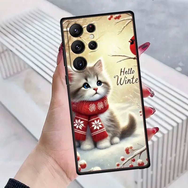 Cute cartoon cat illustration Phone Case For Samsung Galaxy S26 S25 S24 S23 S22 S21 S20 Ultra Plus FE 5G Black Soft TPU