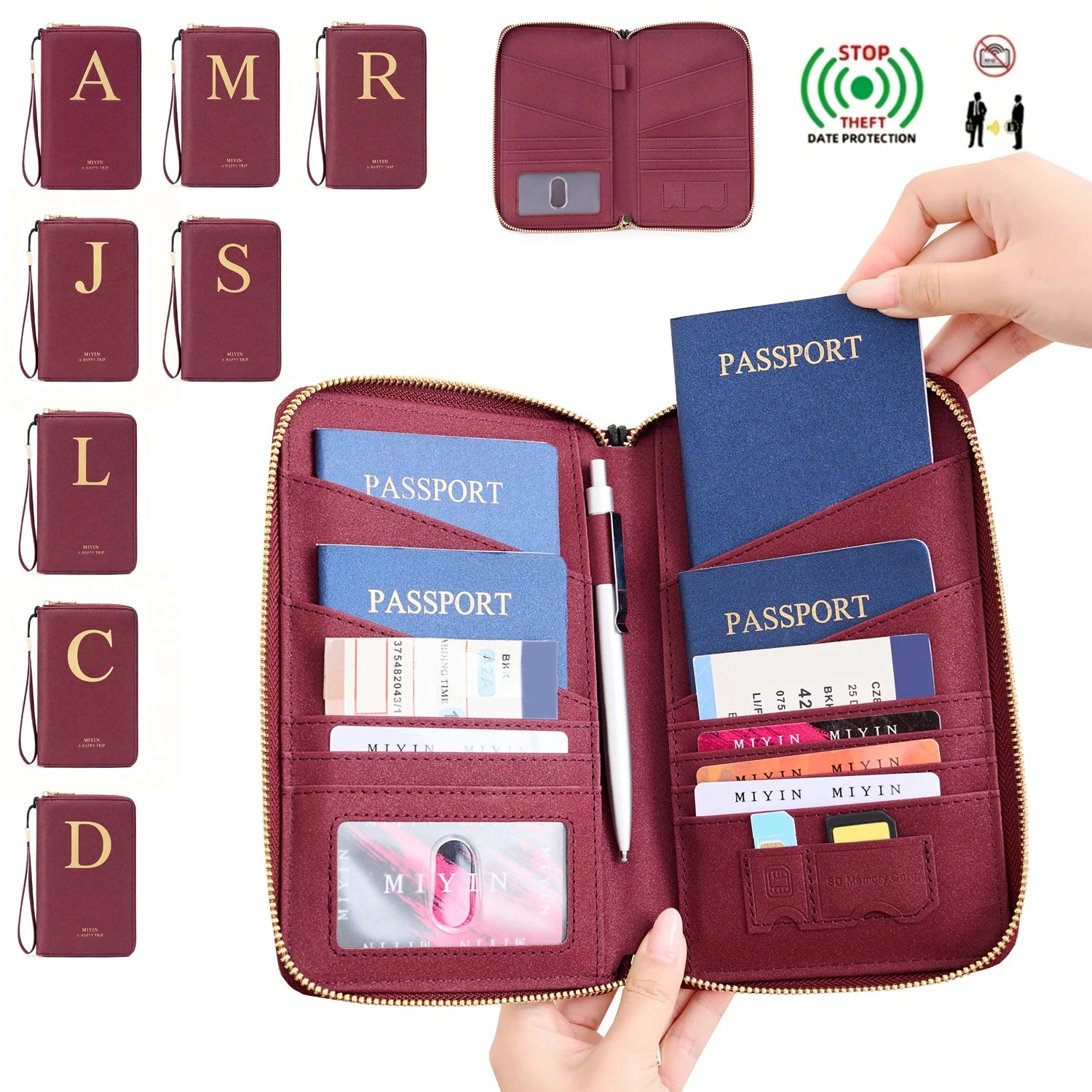 Multi-Functional RFID Blocking Passport Bag Travel Document Holder with Long Zipper Ticket Storage Wallet for Multiple Passports