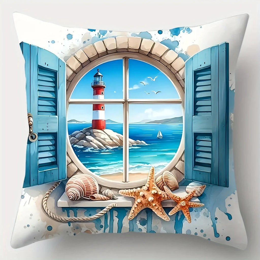 4-piece Beach Style Theme Throw Pillow Cover Set, featuring starfish, seashell, and beach bike patterns, insert not included