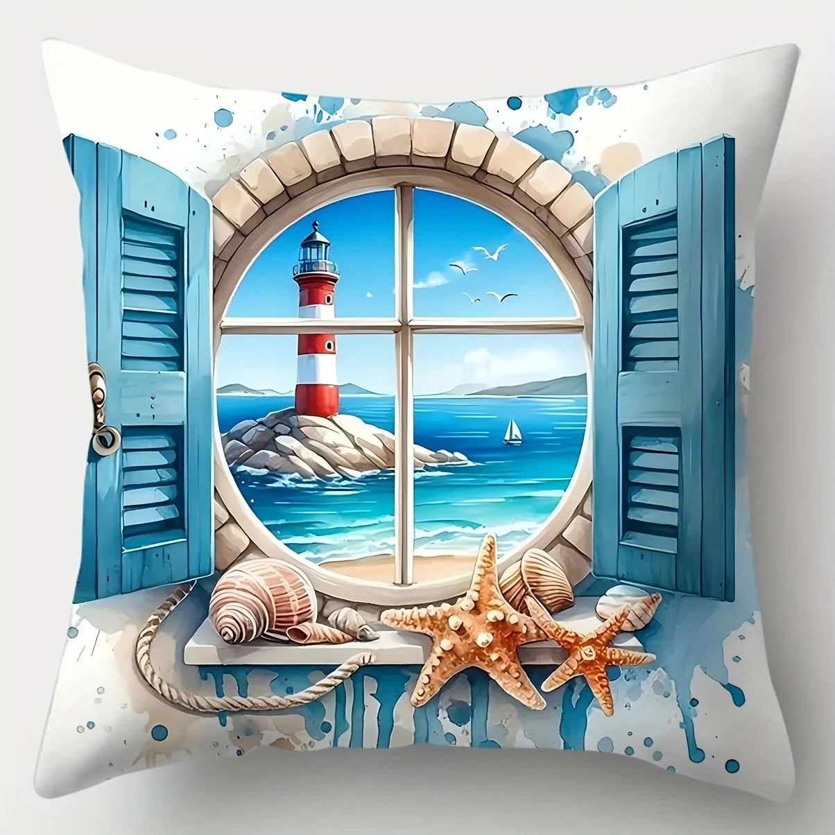 4-piece Beach Style Theme Throw Pillow Cover Set, featuring starfish, seashell, and beach bike patterns, insert not included