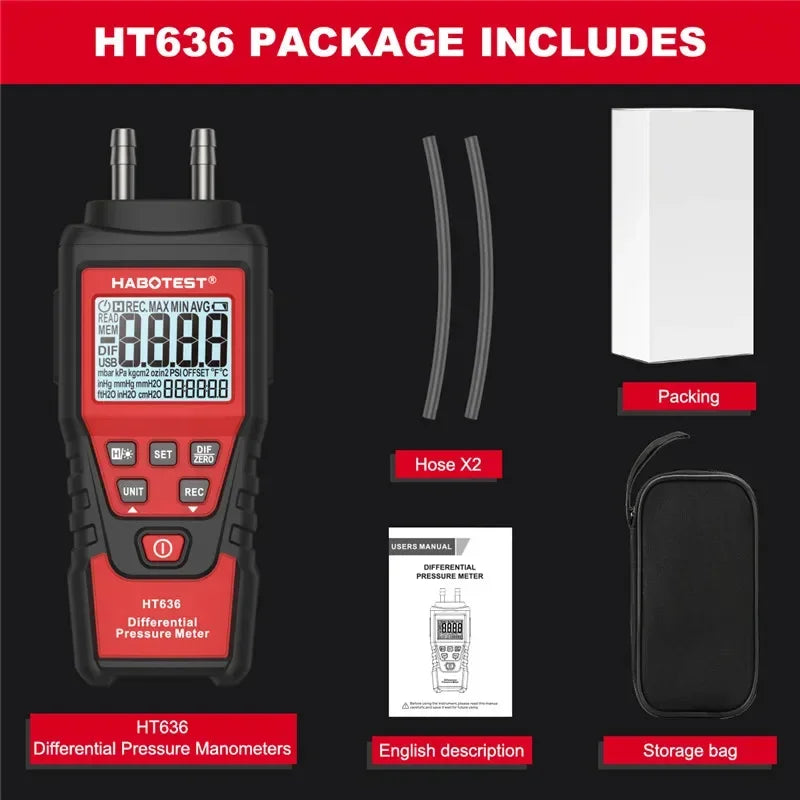 HT636 Digital Manometer Pressure Gauge Meter Handheld Pressure Differential Detector Air Pressure Kit Detector Meter 12 Unit