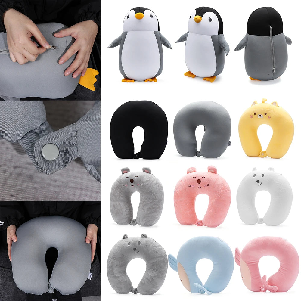 Soft Bedding Cartoon Multifunctional Changable Fluffy Pillows U Shaped Travel Pillow Penguin Whale Protection Neck