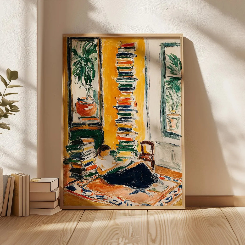 Woman Reading by the Window Poster, Cozy Book Lover Wall Art, Warm Yellow Interior Painting, Modern Impressionist Home Decor