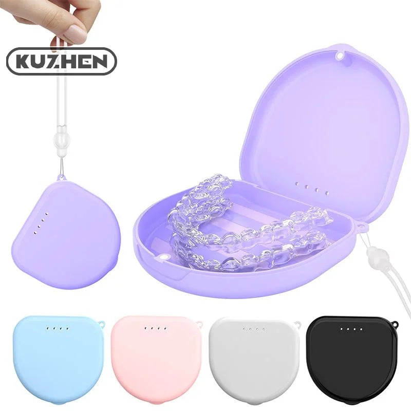 Portable Denture Tray Box Dental Retainer Box Case Plastic Teeth Container Denture Box False Teeth Protective Case With Lanyard
