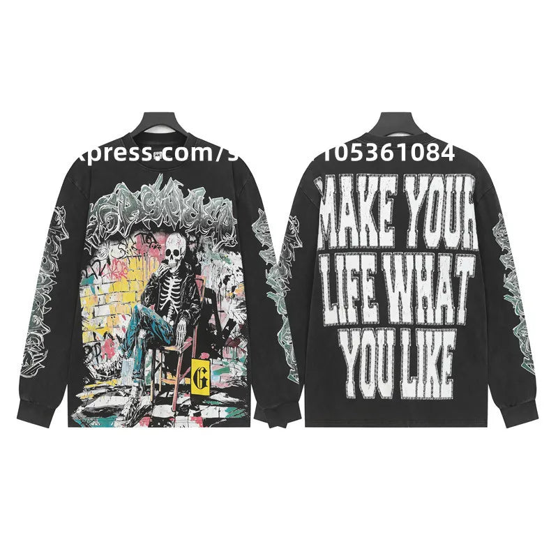 2026 Quality American Skeleton Pattern Printed Washed GODSPEED Long Sleeves T-shirt High Street Casual Cotton Round Neck Men Top