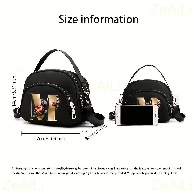 A fashionable women's messenger bag featuring a beautiful floral pattern with 26 letters, multiple compartments, and a large cap