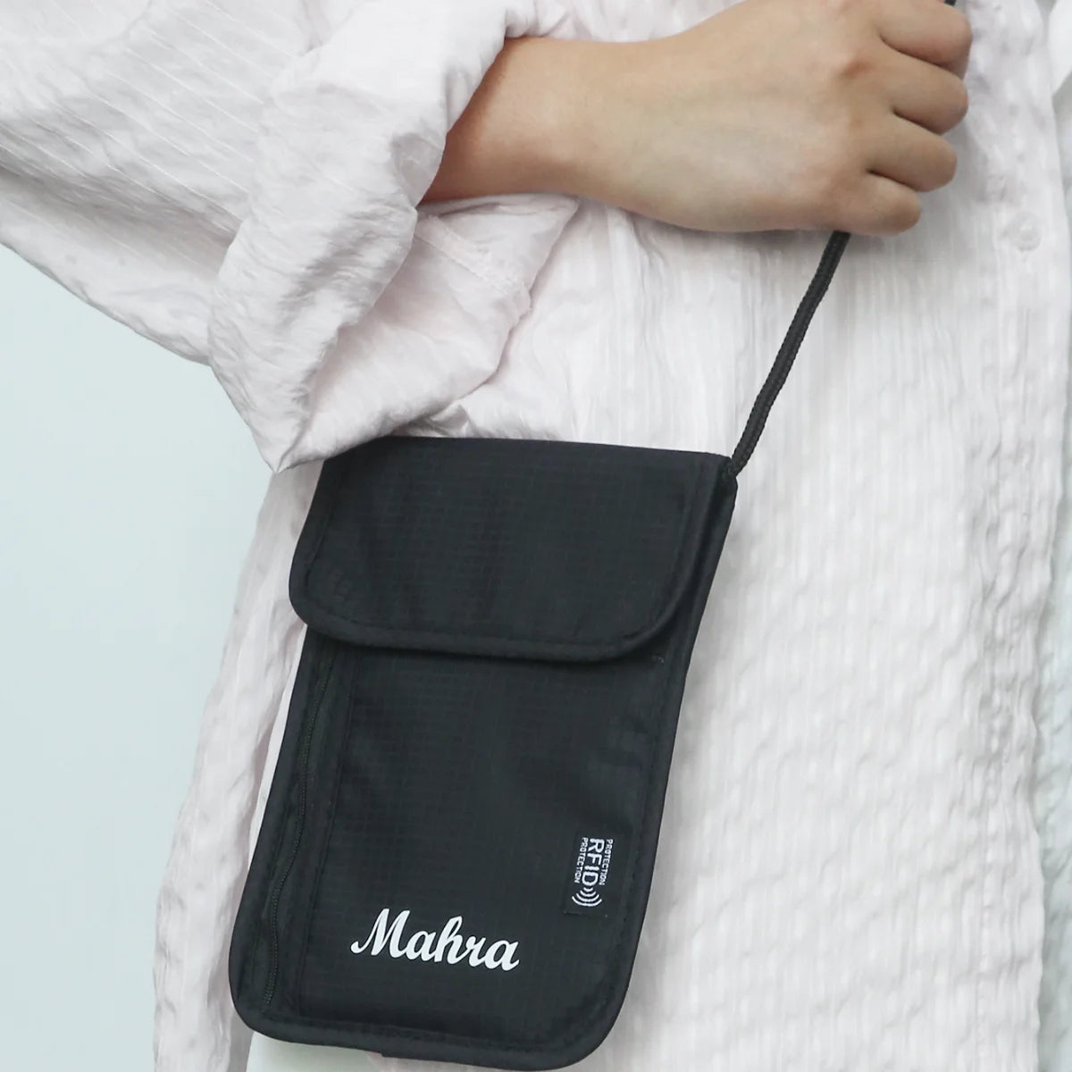 Custom Name RFID Blocking Neck Pouch Passport Bag Anti Radiation Nylon Travel Neck Wallet Portable Crossbody ID Card Holder