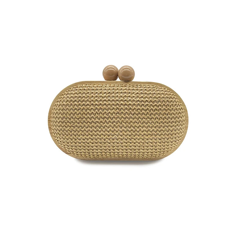 fashion Oval PP straw clutch bag for women wooden clip Handbags elegant weave summer beach bag trend shoulder crossbody bags
