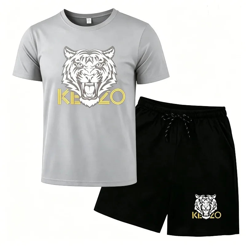 Summer new tiger head print casual suit men's short sleeved T-shirt+shorts two-piece set