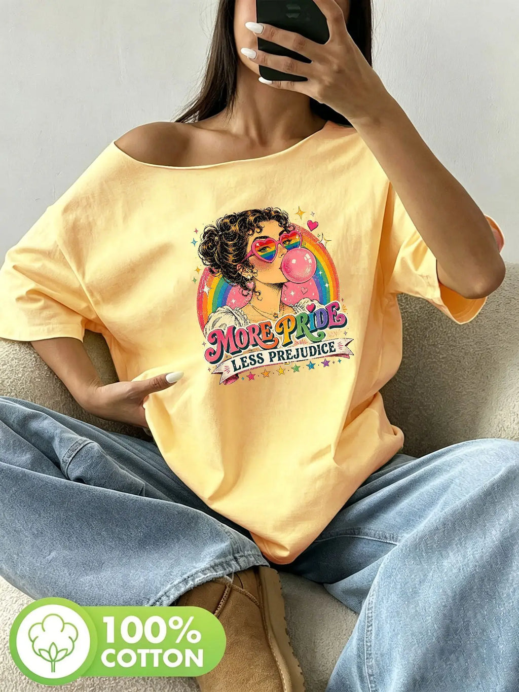 Plus Size Women's Retro Rainbow Pride Heart Sunglasses Graphic Tee 100% Cotton Shoulder Loose Print T-Shirt Oversized Y2K Sty