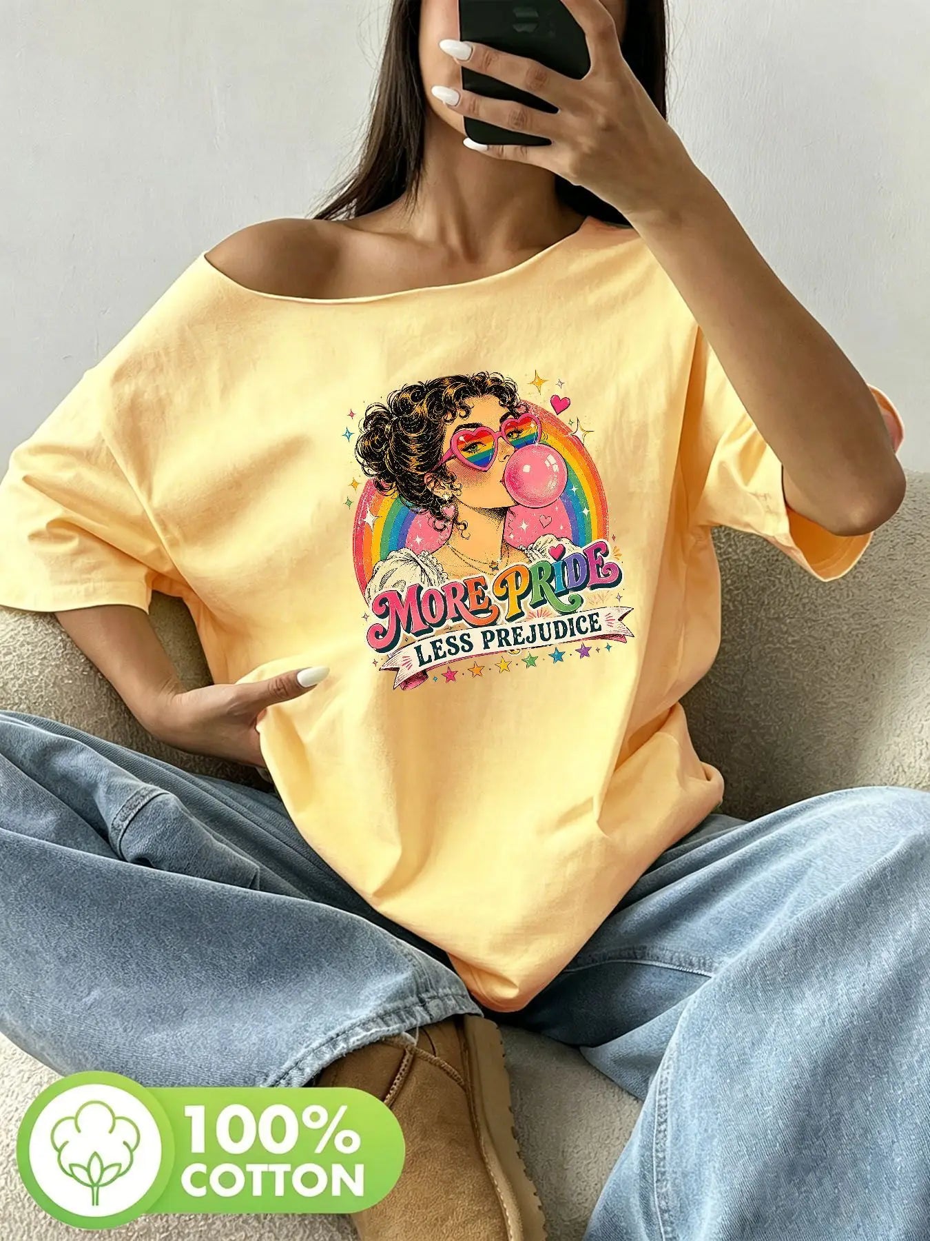 Plus Size Women's Retro Rainbow Pride Heart Sunglasses Graphic Tee 100% Cotton Shoulder Loose Print T-Shirt Oversized Y2K Sty