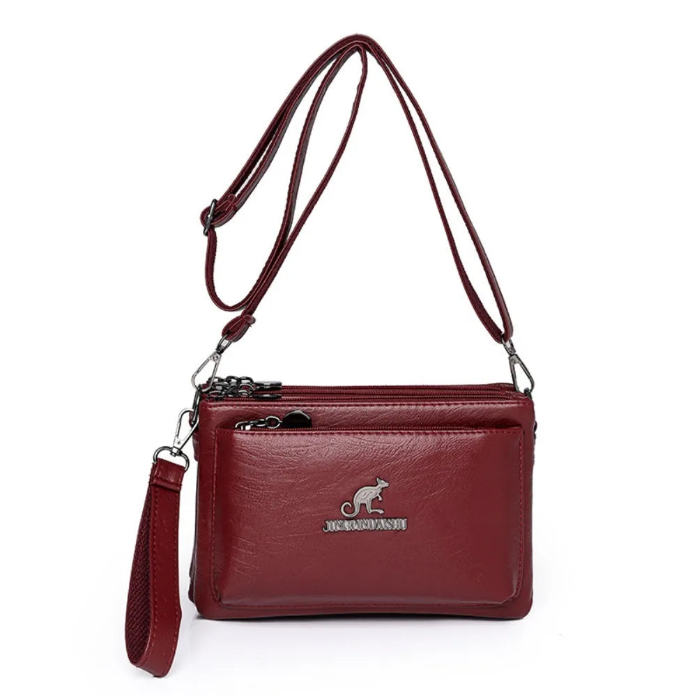 Soft Multiple Zip Pockets Shoulder Bag Waterproof Large Capacity PU Leather Crossbody Bag Simple Solid Color Square Phone Bag