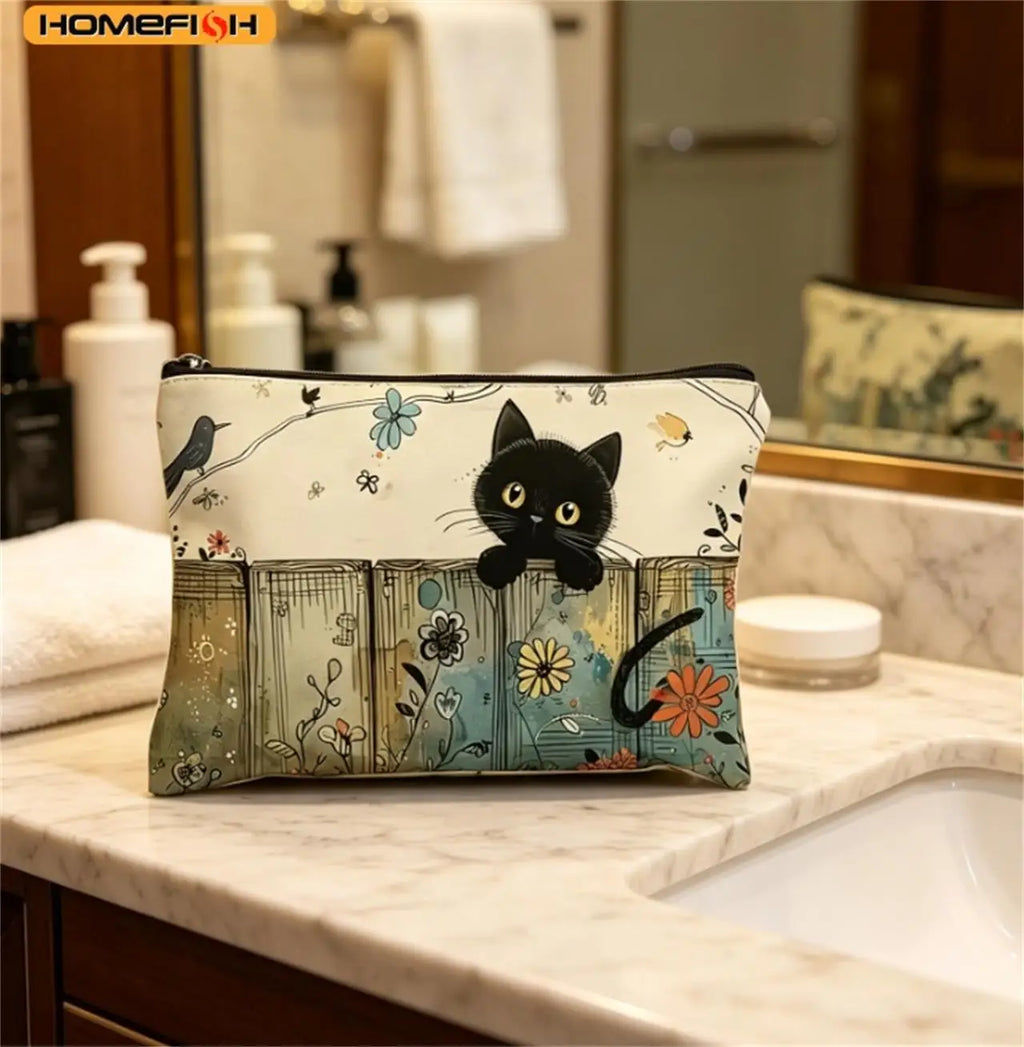 HOMEFISH Black Cat Floral Zipper Pouch - Durable, Fade-Resistant Cosmetic Bag, Gift for Sisters, Friends, Cat Lovers | Vibrant