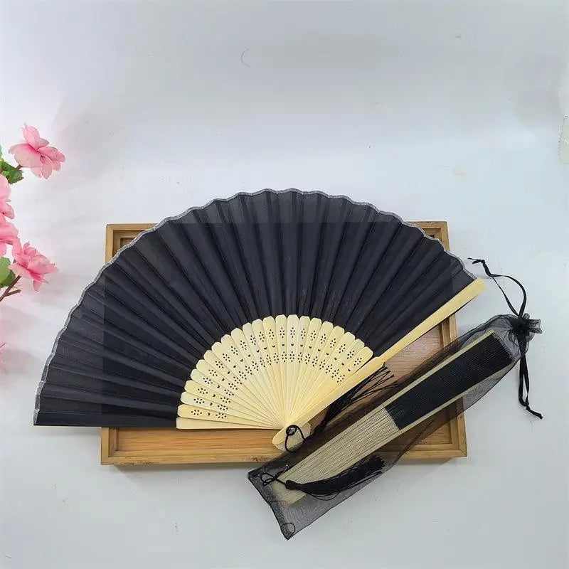 Chinese Style Folding Fan Wear Resist With Organza Bag Bamboo Hand Fan With Tassel Cooling Tool Silk Hand Fan Party Decoration