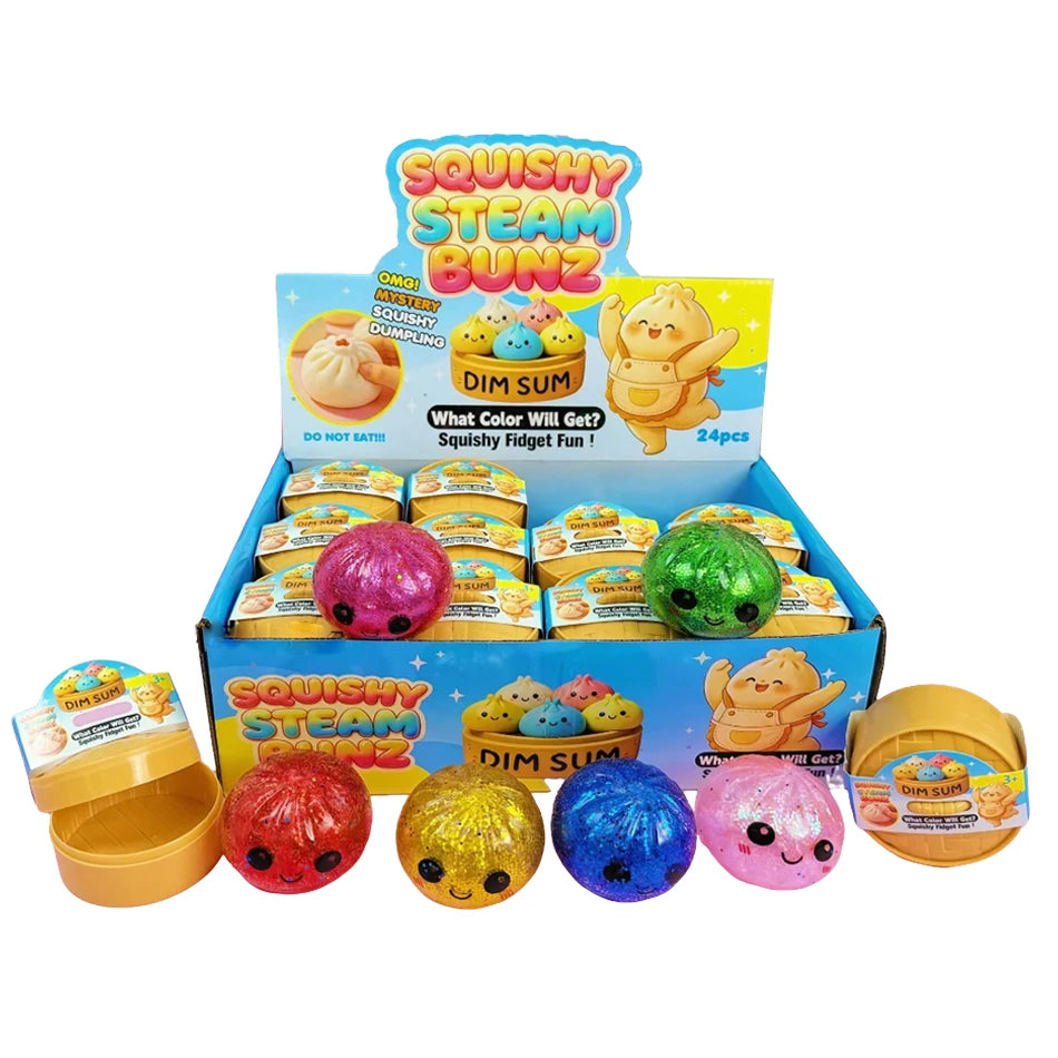 Glitter Dumpling Squishy with Box Dumplings Sensory Steamer Soft TPR Dough Ball for Decompression Fidget Toy Stress Relief Gift