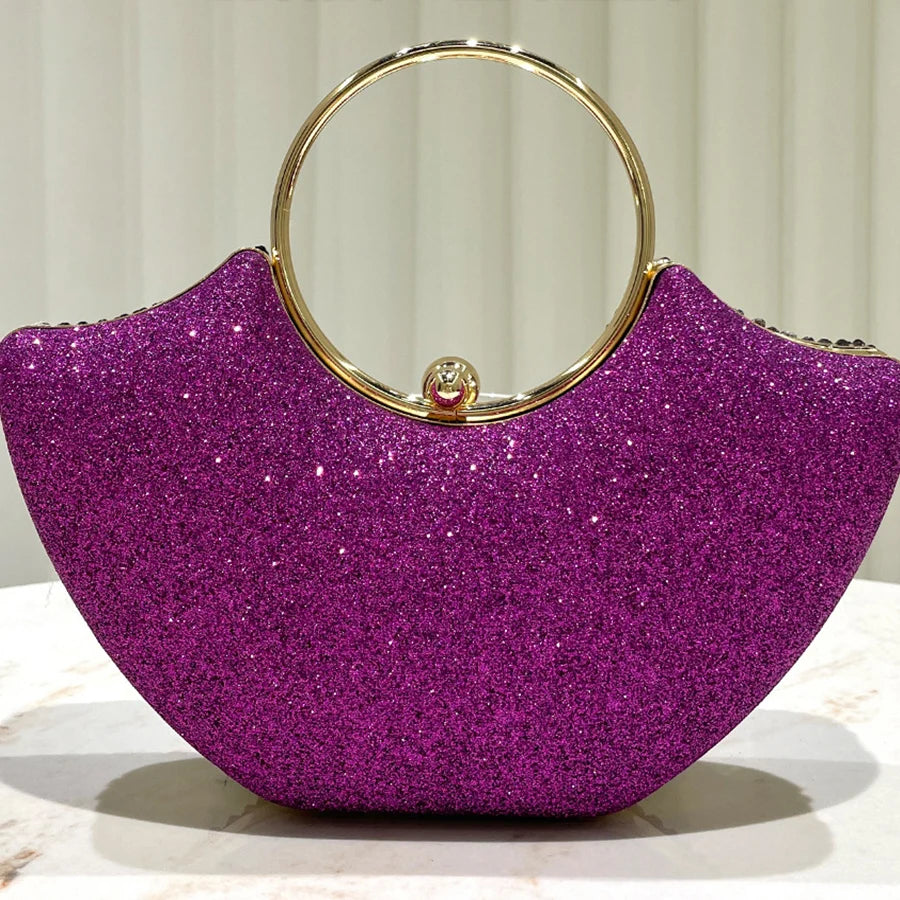 Purple shiny luxurious diamond ring handle handbag lady's evening bag for party dress wedding clutch purse chains shoulder bags