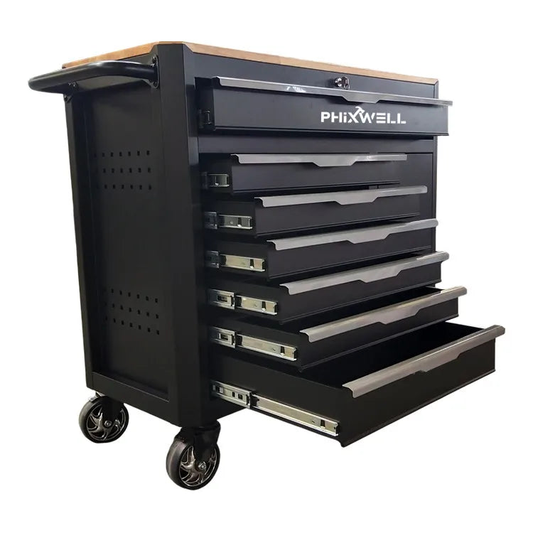 PHIXWELL New Workshop Garage Tool Storage Cabinet Trolley Chest Cart, Tool Sets Tray with Wooden Top Car Repair Tools Kit