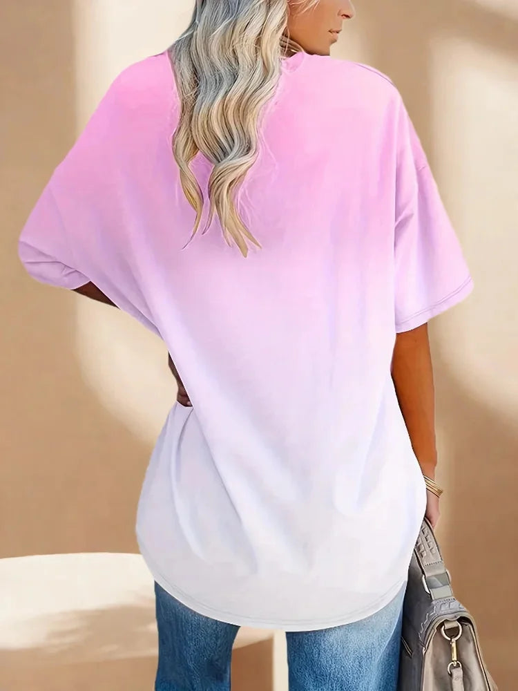 2025plus Size Gradient Color Printed Heart Comfortable Women's Top Soft Casual Style Female Shirt in Vibrant Pink And Red