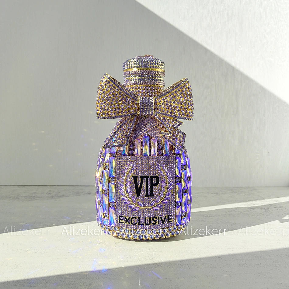Alizekerr Champagne Bottle Shaped Bow Crystal Evening Bags Women Gorgeous Unique Bling Diamond Metal Clutch Purses Wedding Party