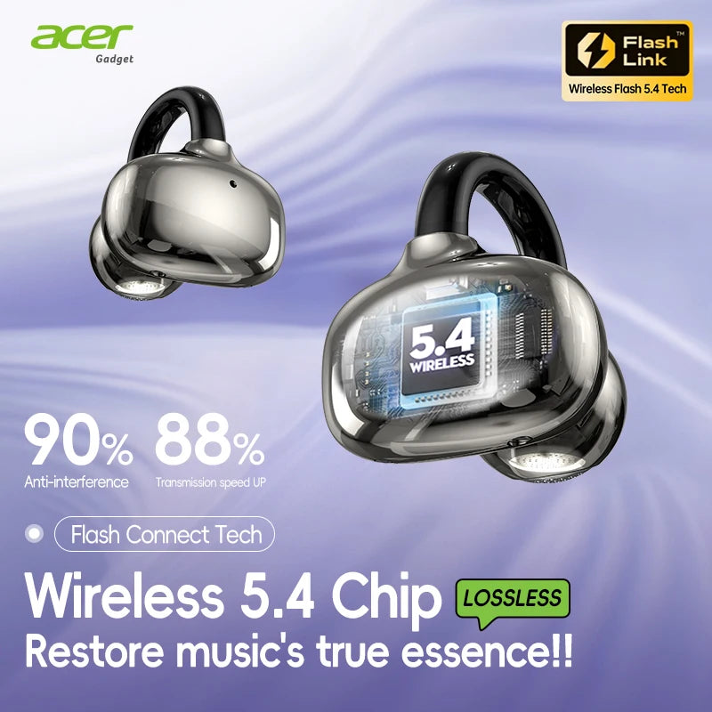 Acer OHR577 Ear Clip Wireless Earbuds Bluetooth 5.4, Directional Sound, 20H Standby, Lightweight 4.2g, LED Display, ENC Call