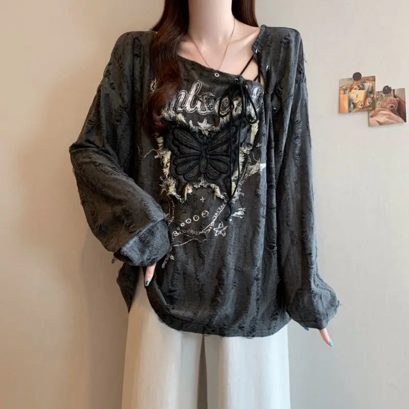 Large size women's clothing spring and autumn wrinkled hole design butterfly pattern drawstring irregular collar long sleeve top