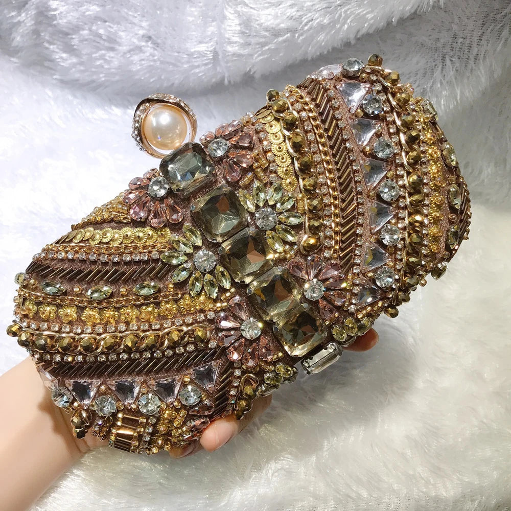 SHELKSBAG Women Stone Heavy Beaded Evening Bags Vintage Brown Suede Rhinestone Metal Formal Events Clutch Bag Luxury Party Purse