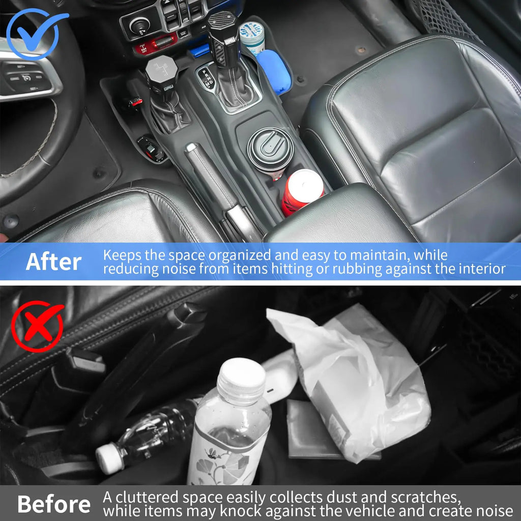 Center Console Organizer Gear Shift Side Storage Pocket Tray & Cup Holder For Jeep Wrangler JL JLU & Gladiator JT 2018 - 2025