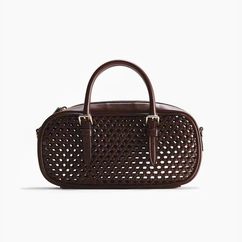 Vintage Hollow-Out Handheld Boston Bag Retro Top-Handle Shoulder Tote Lady Premium Commuter Purse Women Daily Office Satchel