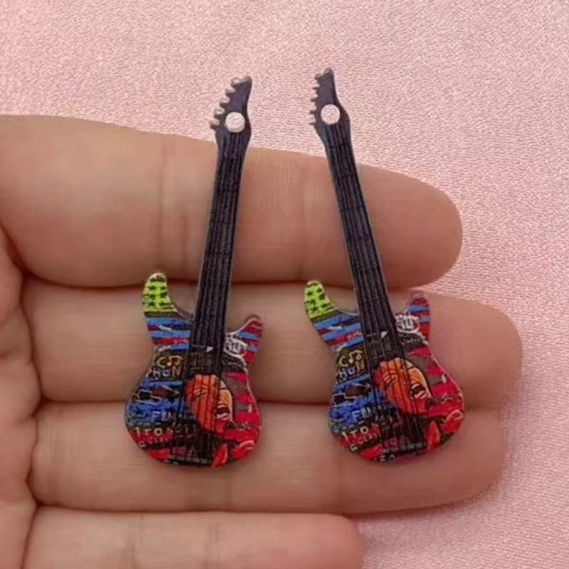 12pcs 16 color printed skeleton guitar acrylic DIY keychain earrings bag handicrafts accessories