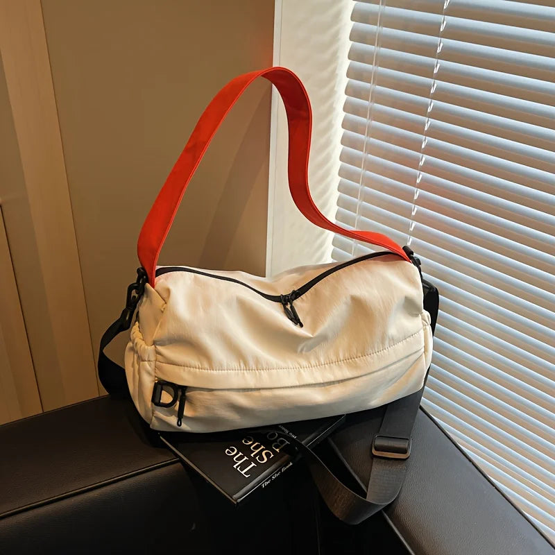 1pcs Beige Color Block Fabric Crossbody Bag Adjustable Wide Strap Light  Resistant Sports Bag Short Trip Storage Handbag