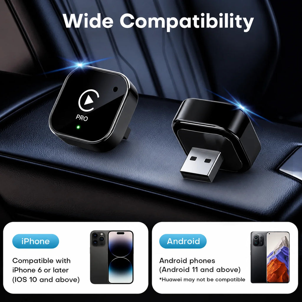 The Mini CarPlay Wireless Adapter and Android Auto Wireless Adapter convert wired CarPlay to wireless CarPlay. They come with GPS tracking capabilities and allow you to view your vehicle's real-time route and location on your