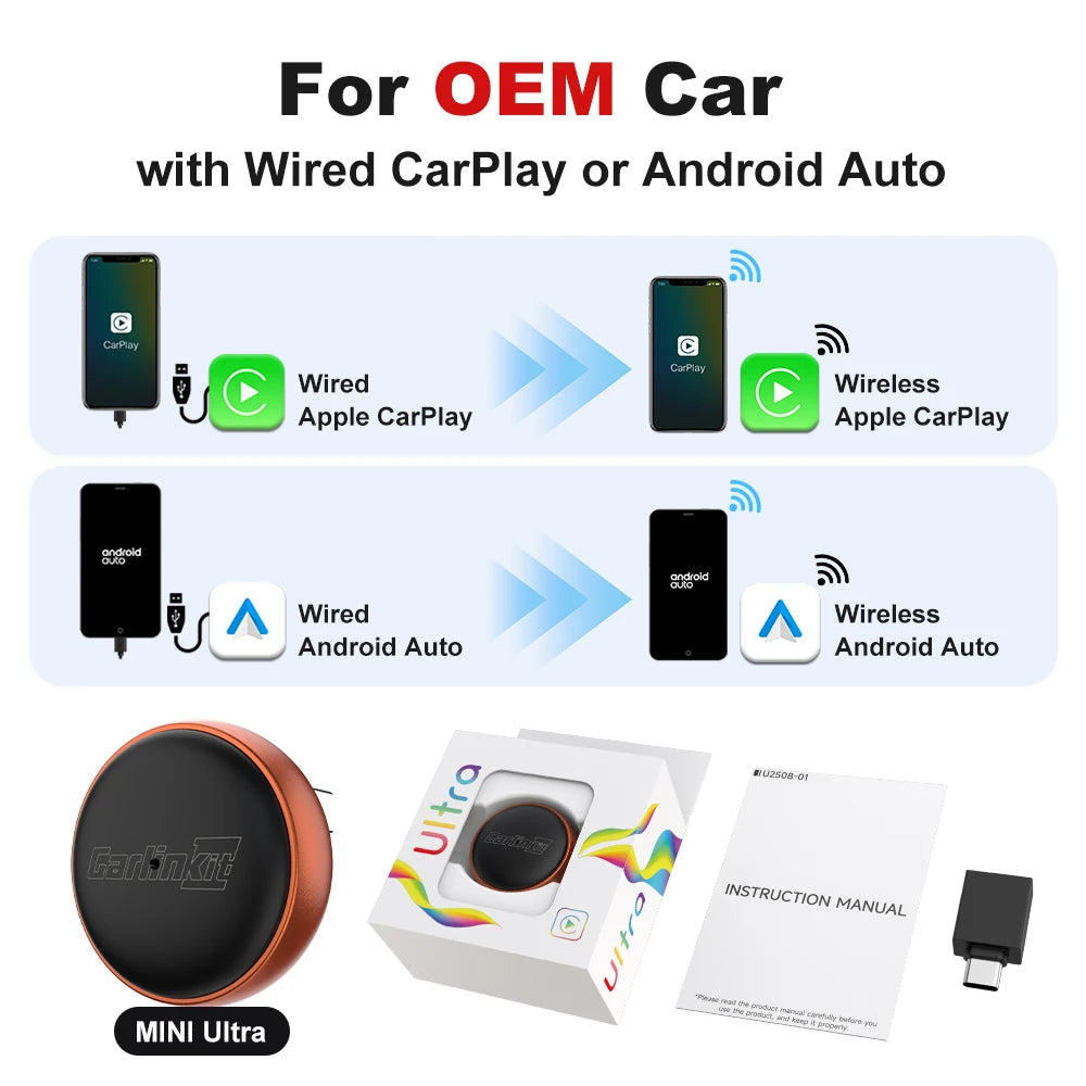CarlinKit Mini Ultra 3 Wireless CarPlay Adapter Android Auto Box Wired To Wireless USB Plug & Play Bluetooth WiFi Seamless OTA